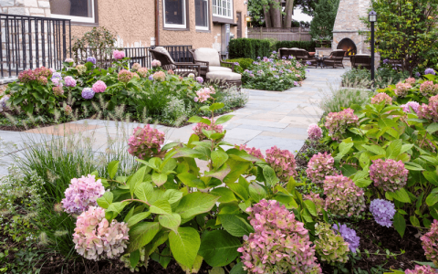 Garden with flowering plants and outdoor fireplace
